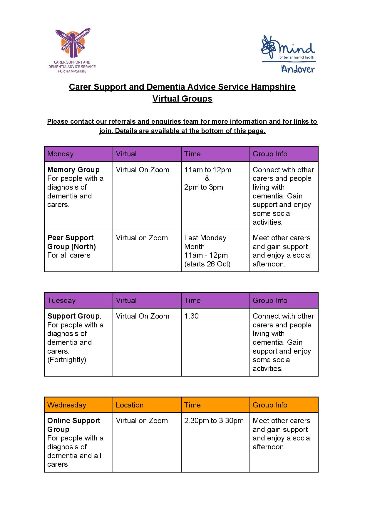 Carer Support and DA Virtual Groups